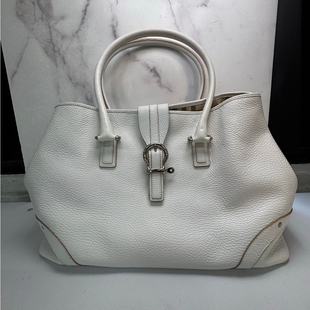 Understated Burberry Nova Check Tote Bag in ivory White leather +COA
